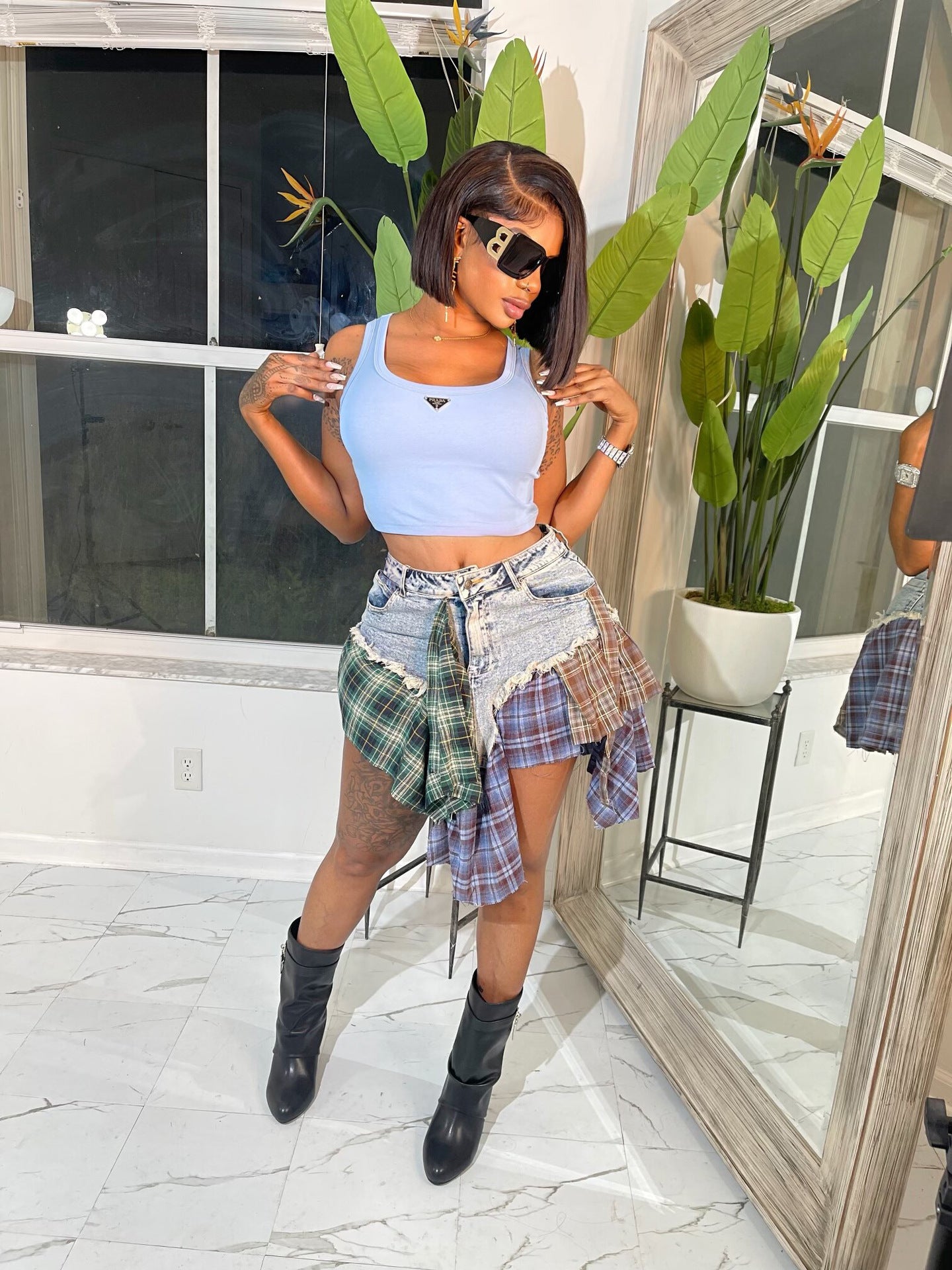 Women's sexy irregular plaid patchwork denim short skirt 4