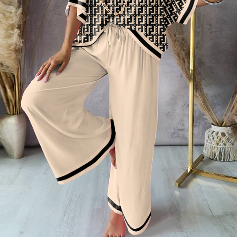 Women'S Casualprint V-Neck Loose Top + Elastic Waist Wide Leg Pants Set 4