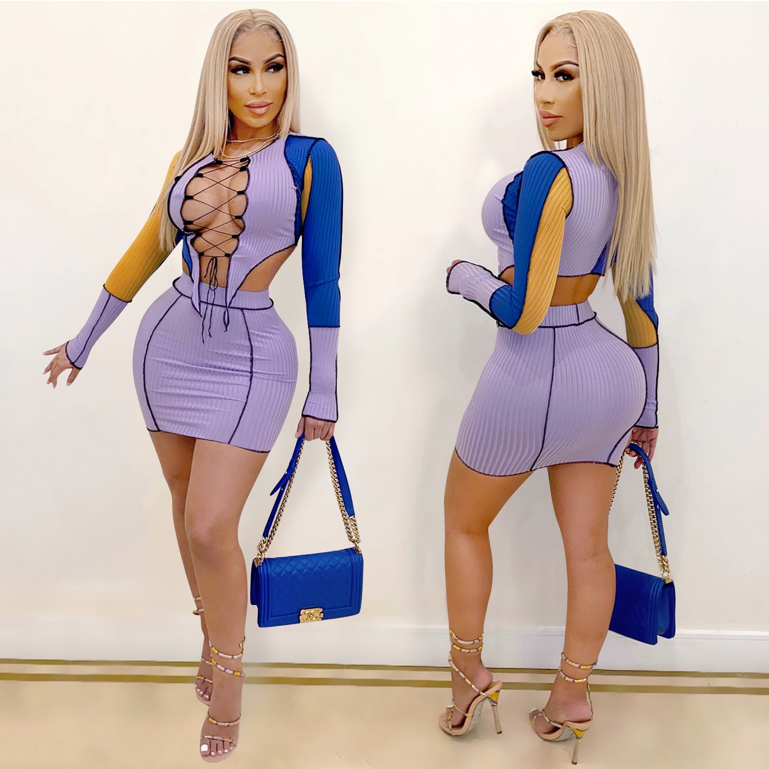 Women Lace-up Hollow Top and Skirt Two Piece Set 10