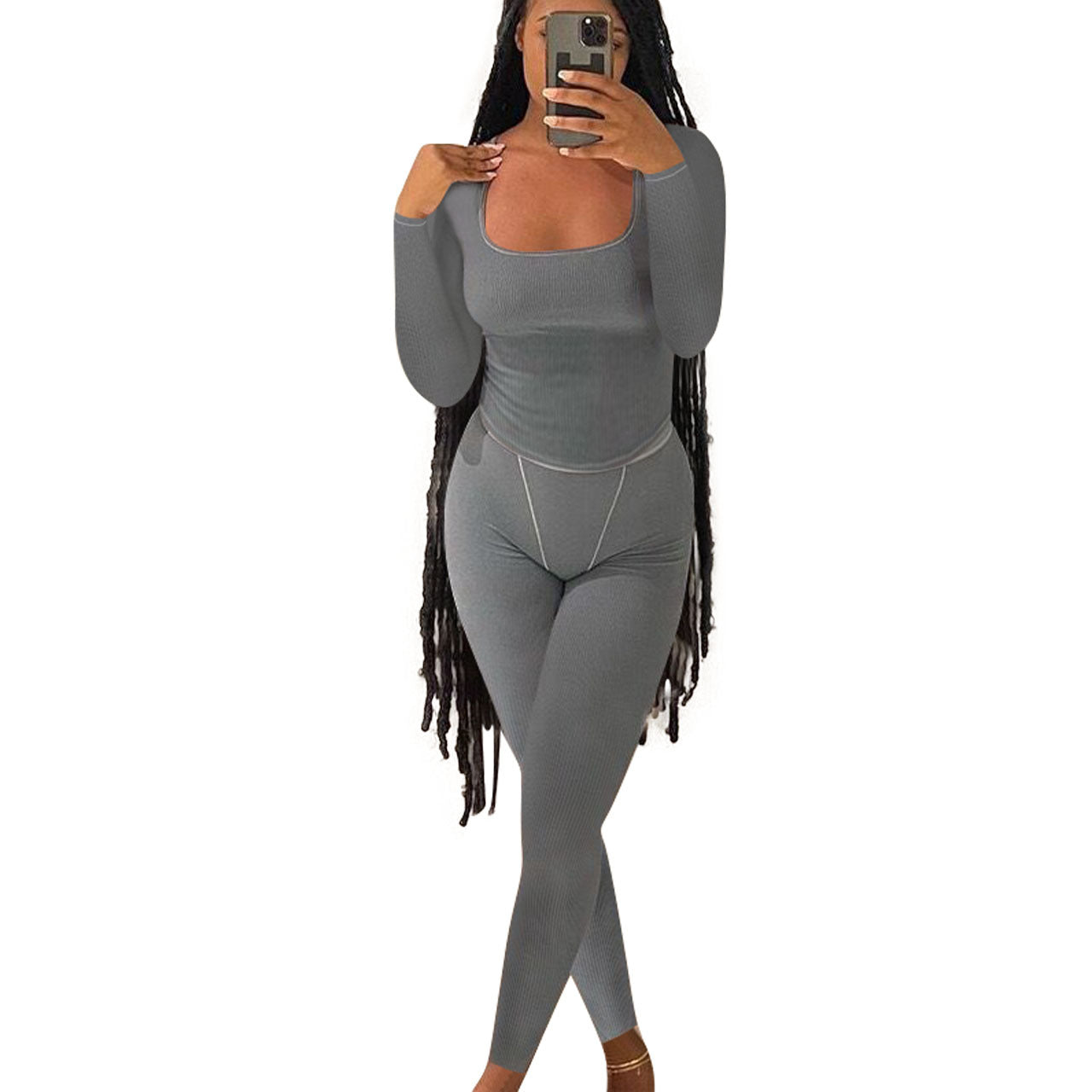 Women's Fashion Casual Ribbed Solid Color Slim Fit Two-Piece Pants Set