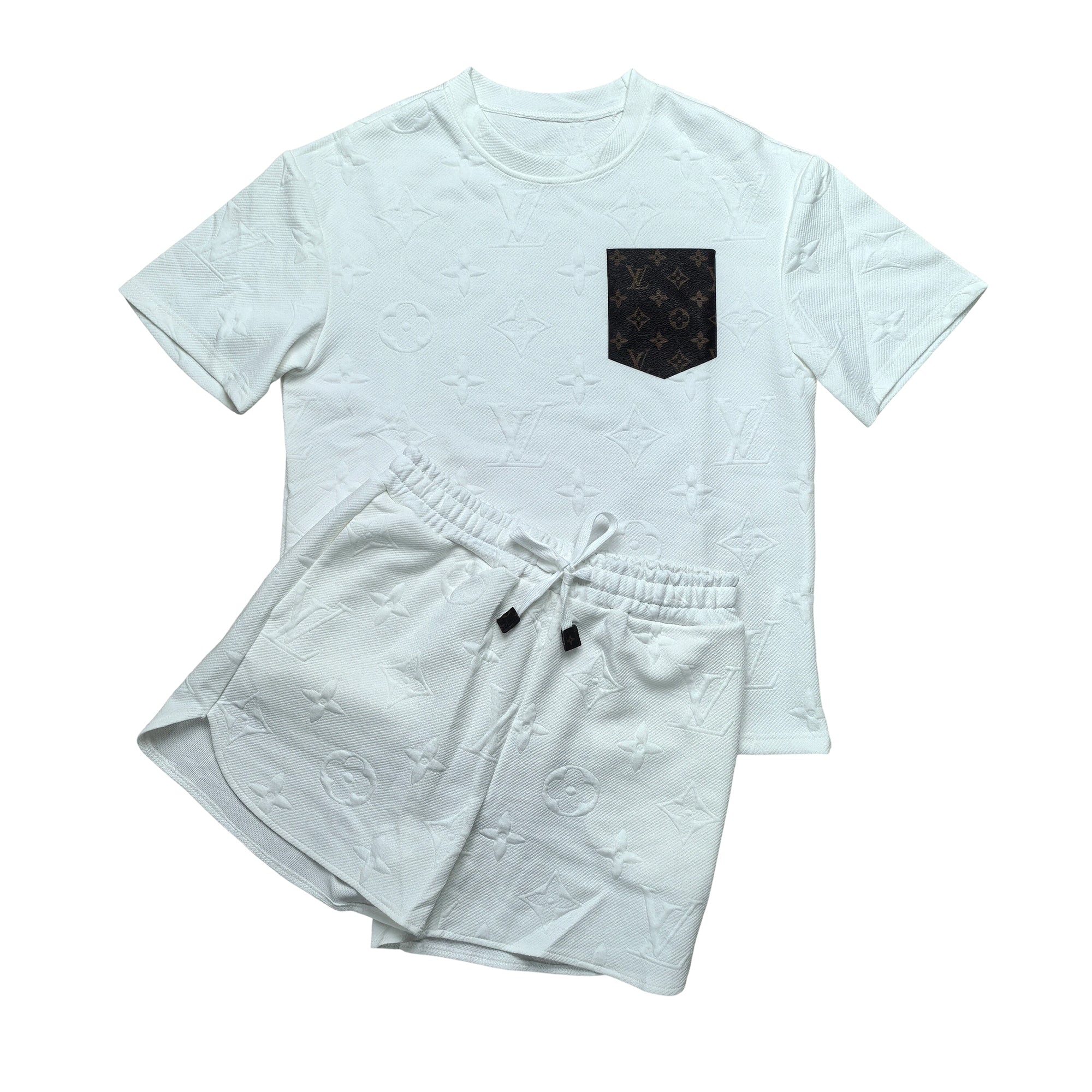 Women casual Pu-Leather pocket jacquard short-sleeved top and shorts sports two-piece set 9