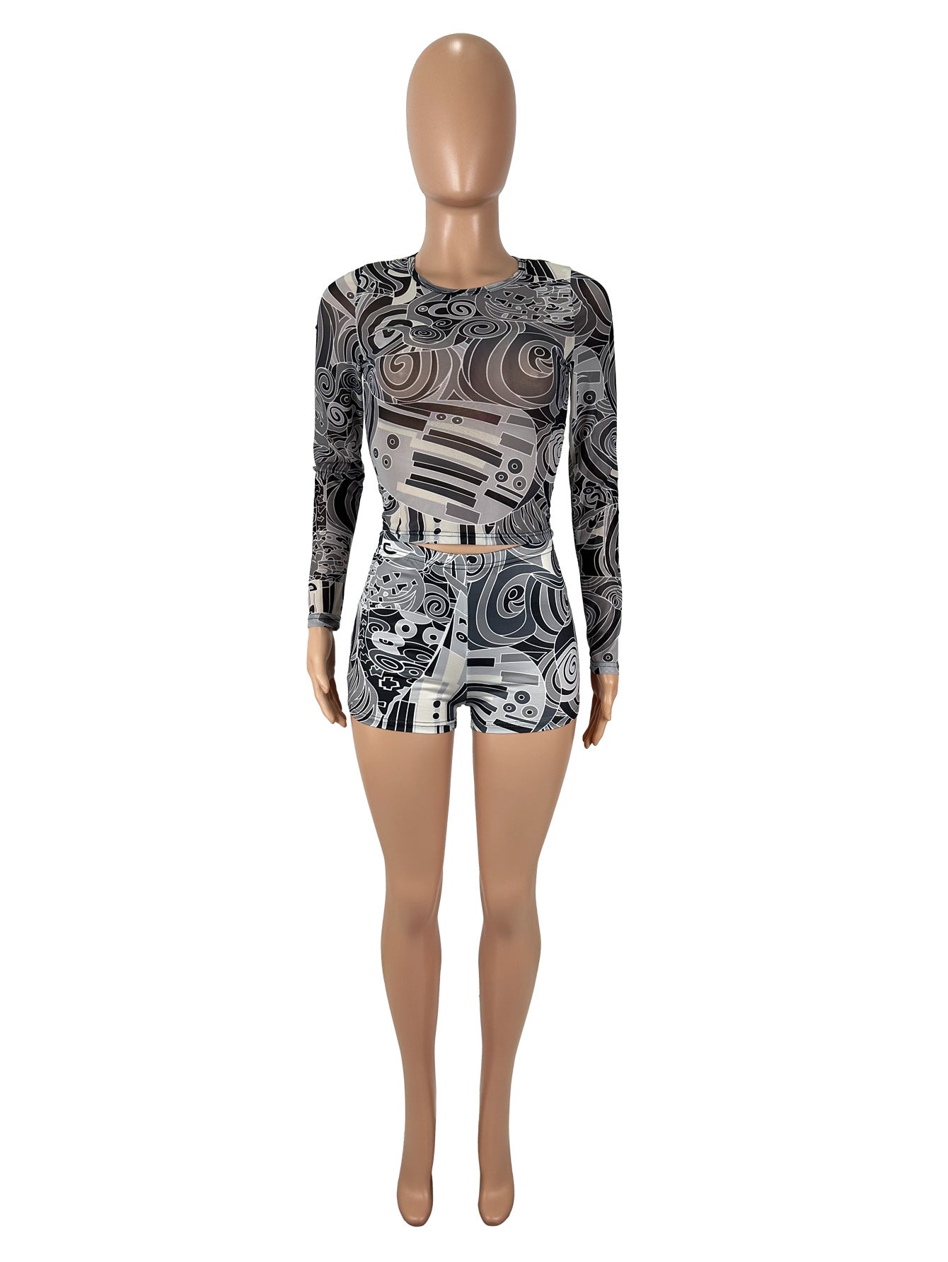 Women Sexy Mesh Print Long-Sleeved Top and Shorts Two-Piece Set 6