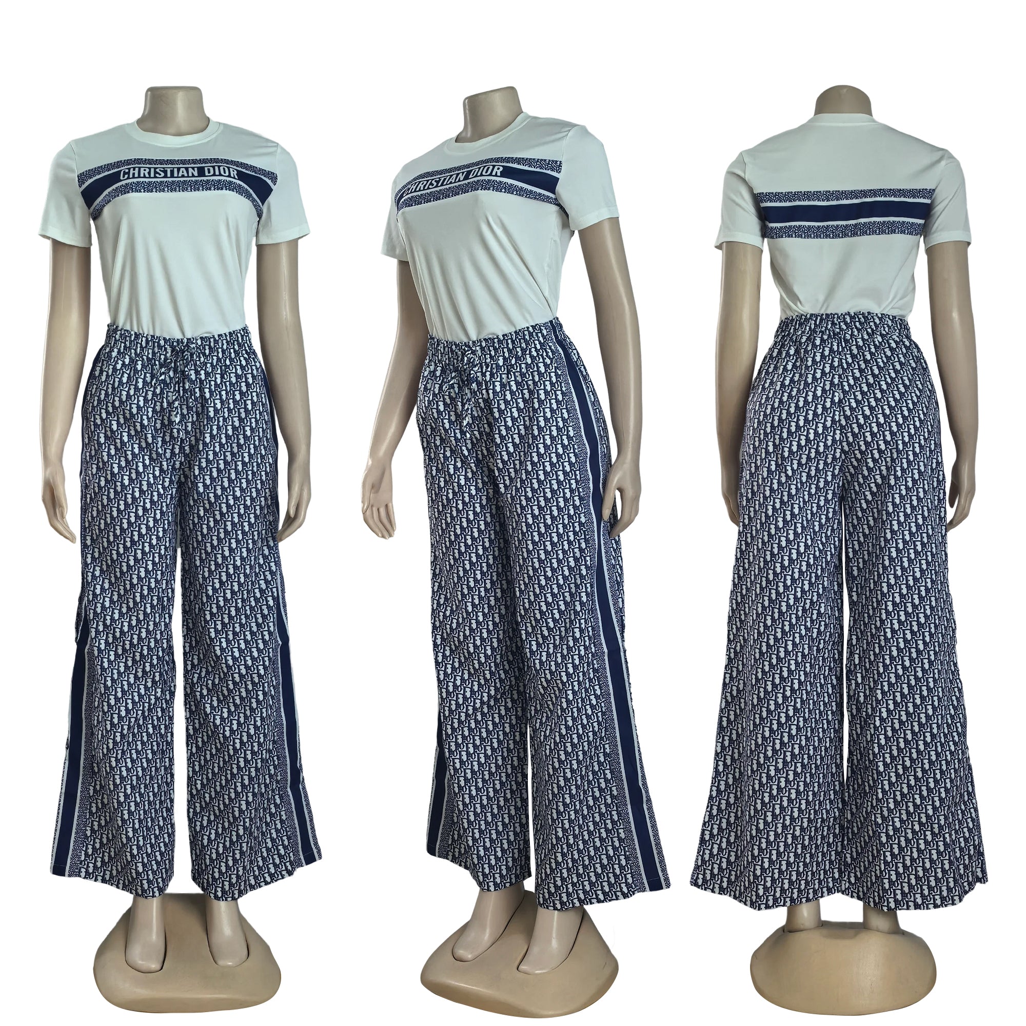 Women's Fashion Chic Elegant Round Neck Short-Sleeve Top Straight Wide-Leg Pants Casual Set 6