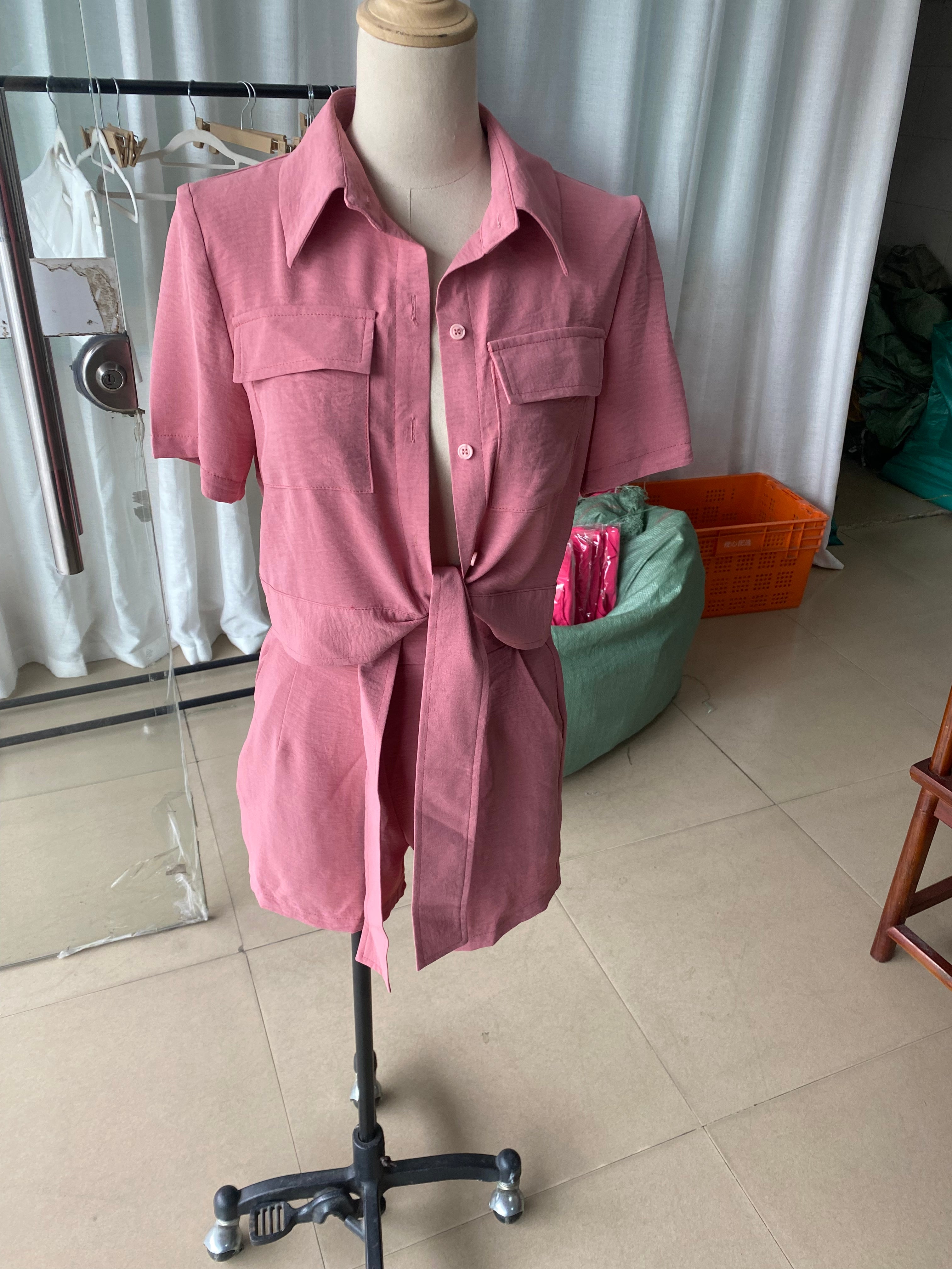 Women's Spring And Summer Fashion Short Sleeve Tie Shirt Top Casual Shorts Two-Piece Set 12