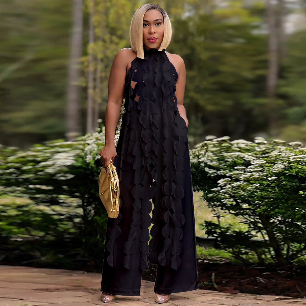 Women's Sexy Low Back Lace Up Long Top Wide Leg Pants Fashion Two Piece Suit 9