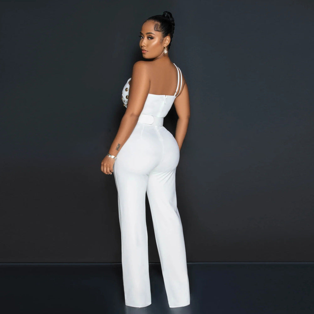 Women's Style Fashionable Solid Color Jumpsuit Slim One Shoulder One Piece Wide Leg Pants 23