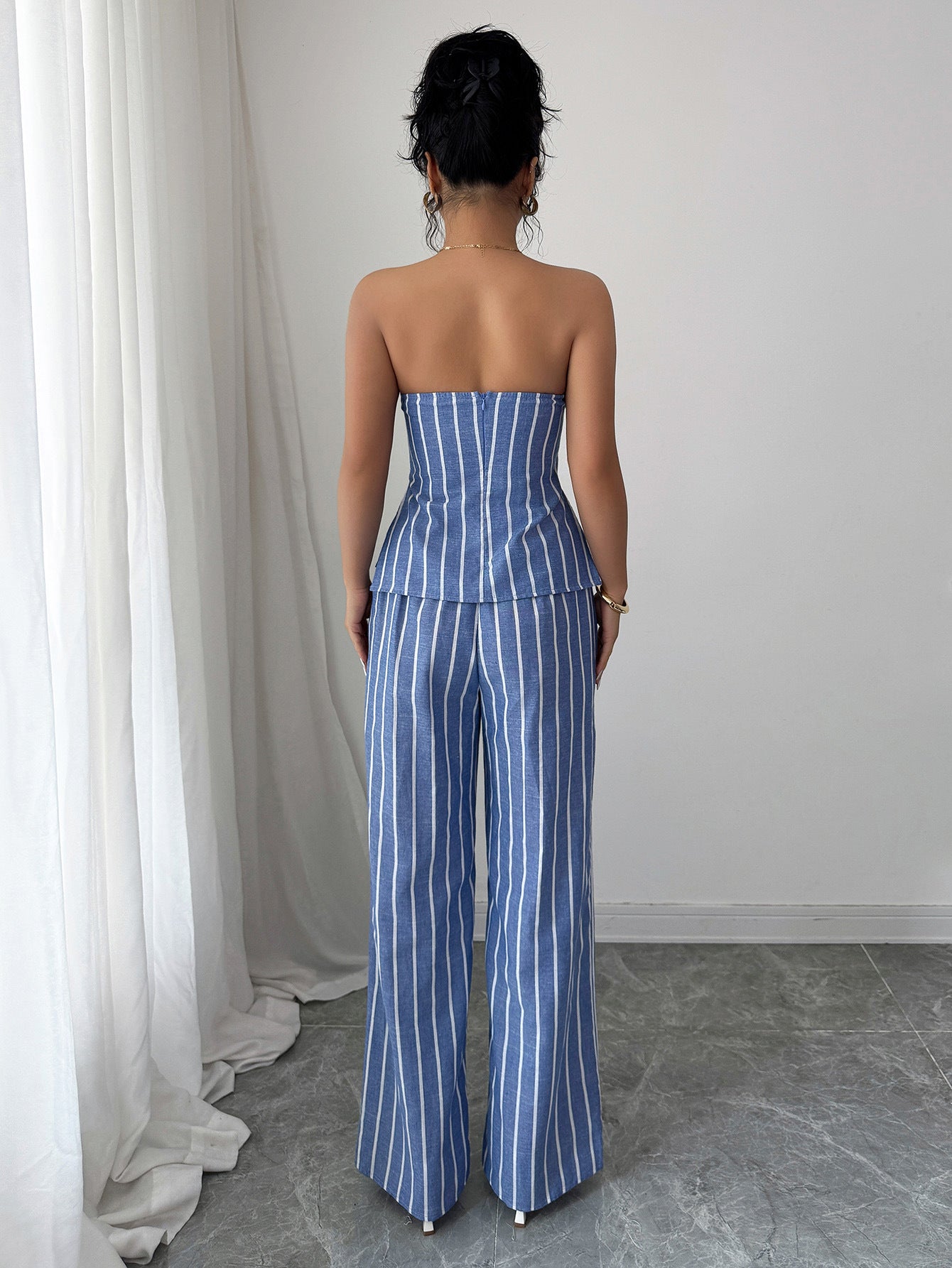 Spring/Summer Women's Fashion Casual Elegant Striped Strapless Vest & Trousers Two-Piece Set