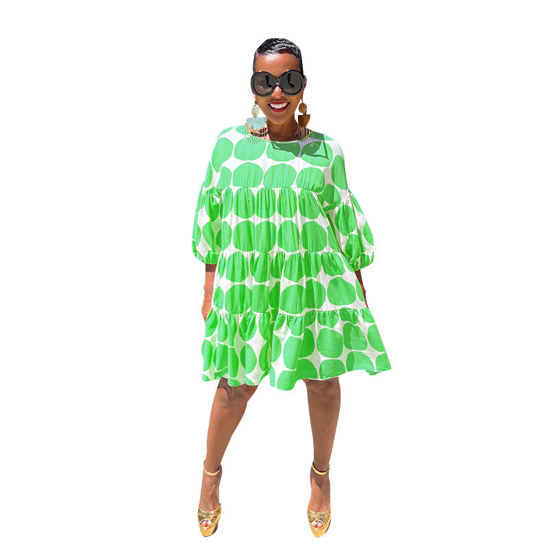 Summer Women Large Polka Dot Loose Round Neck Half-Sleeve Pleated Dress 13