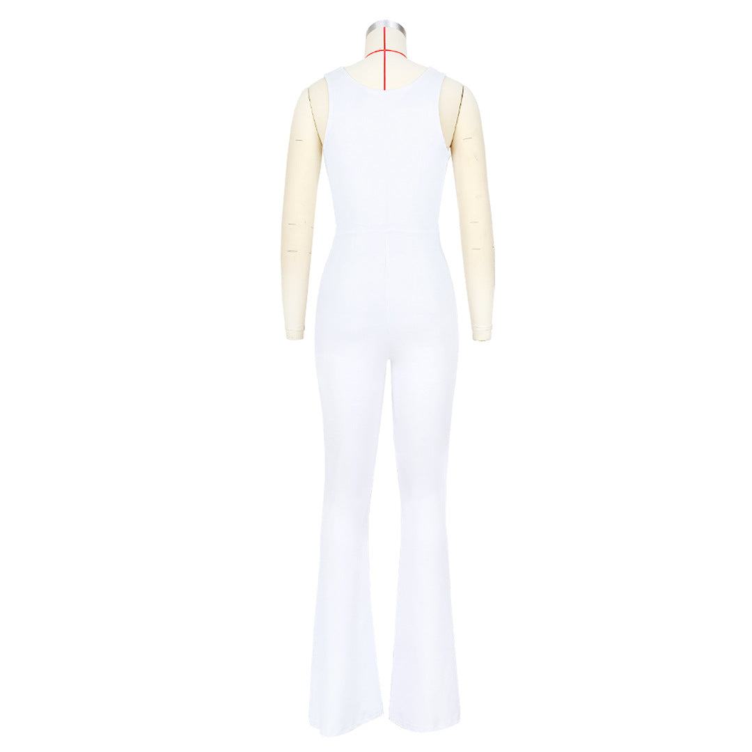 Women Solid Color Slim Cut Out Knot Bell Bottom Jumpsuit 16