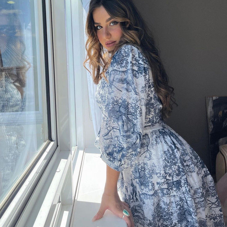 Spring And Autumn Print Puff Sleeve Turndown Collar Elegant Shirt Dress 6