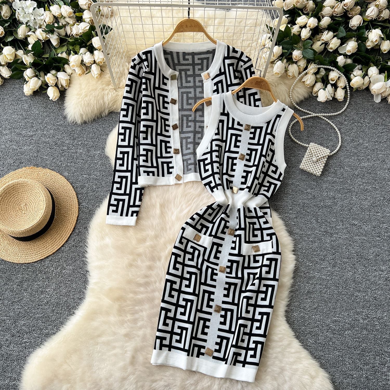 Women Cardigan Jacket Bodycon Dress Knitting Two-Piece Set 13