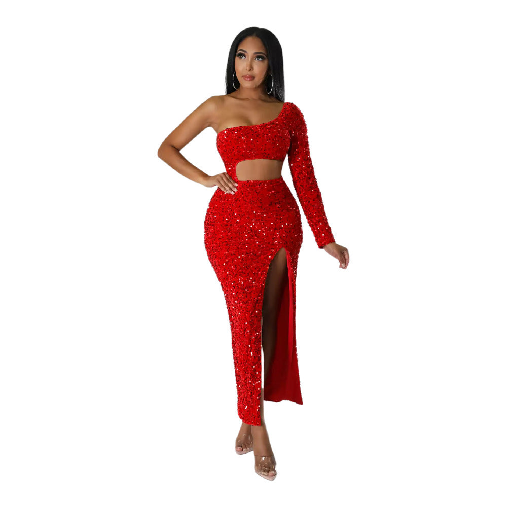 One Shoulder Trendy Sequin Sexy Crop Slit Women'S Party Dress 5