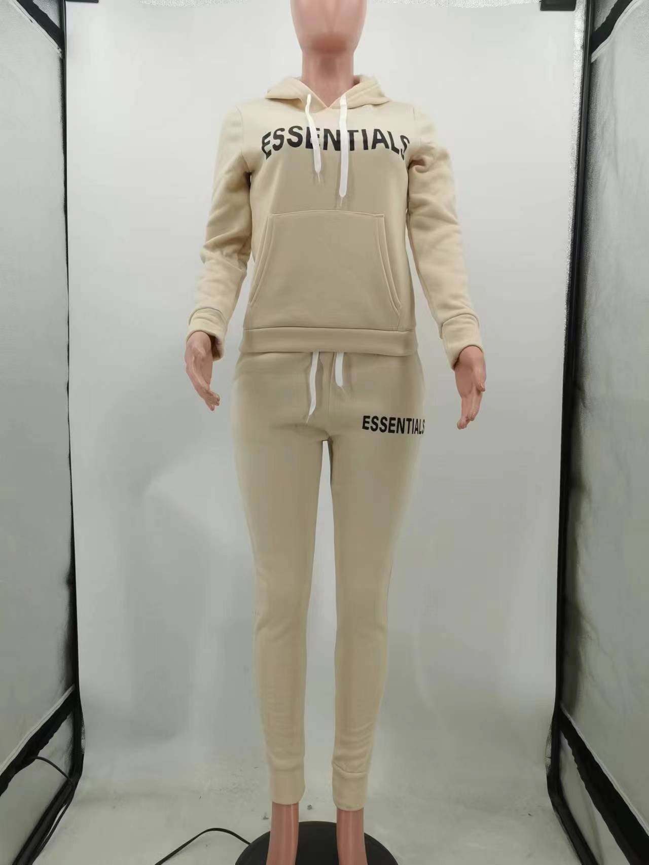 Women's Fashion Winter Fleece Drawstring Letter Print Hoodie Two-Piece Set with Pockets 18