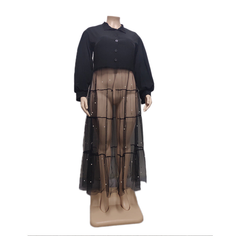 Plus Size Women's Black Pearl Mesh Patchwork Dress 8