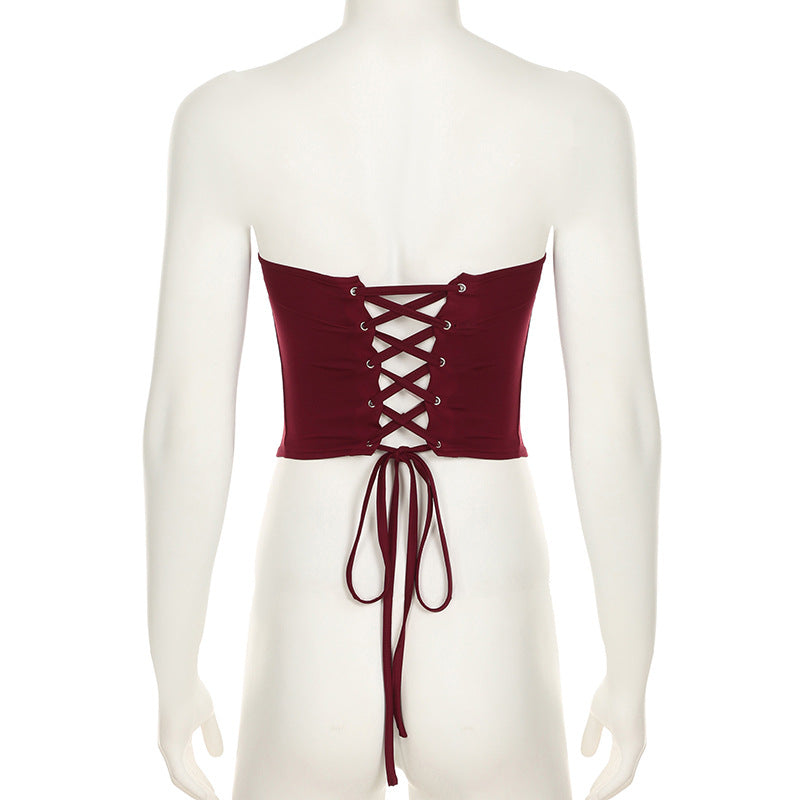 Slim Waist Lace-Up Strapless Top Leather Hollow Bodycon Skirt Two Piece Set 13