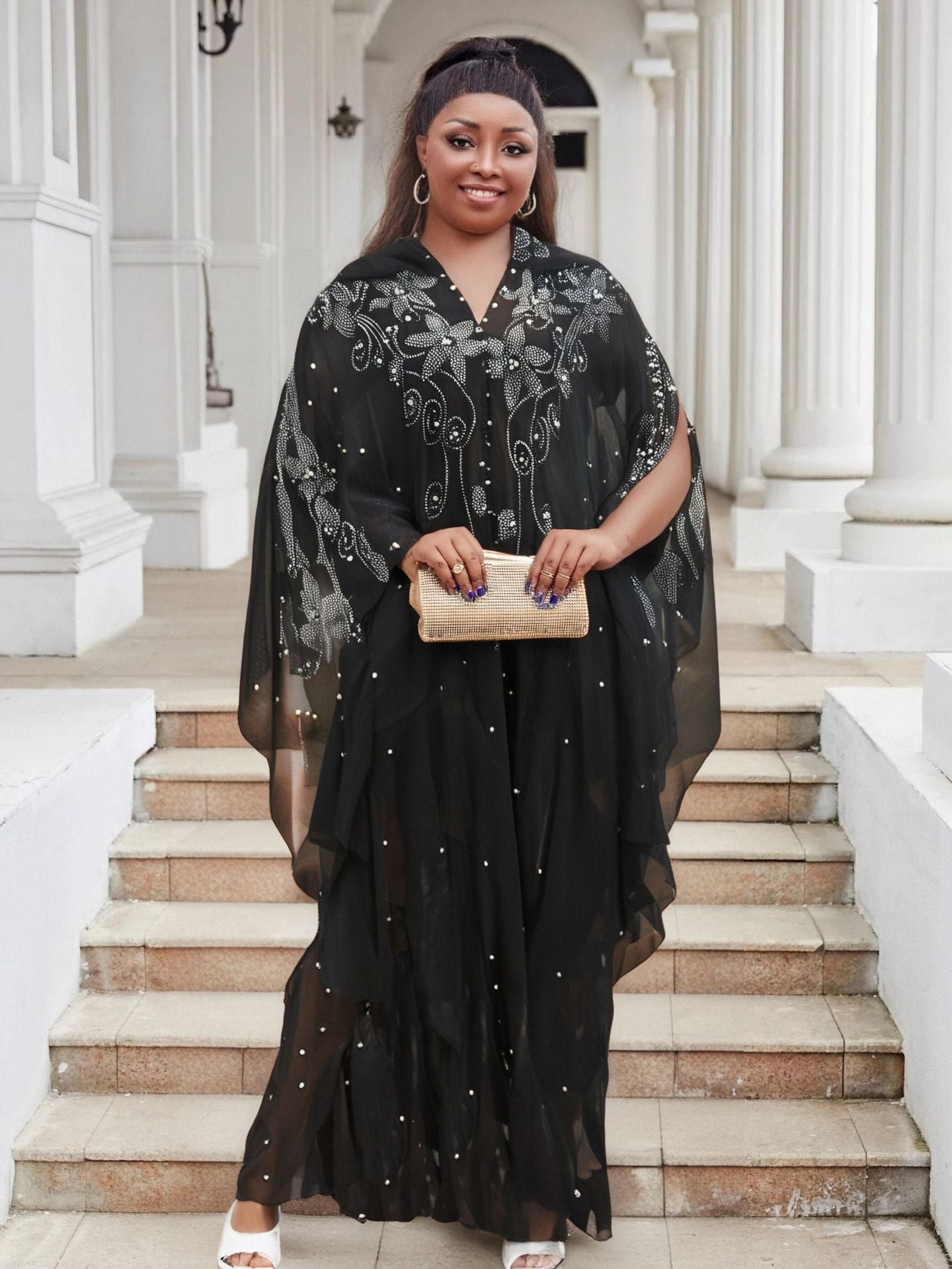 Women Bat Sleeves See-Through Mesh Beaded Beaded Cape Hooded Cape Dress 13