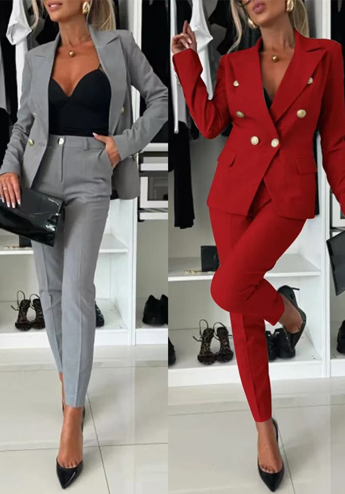 Women Casual Solid pocket Blazer and Pant two-piece set