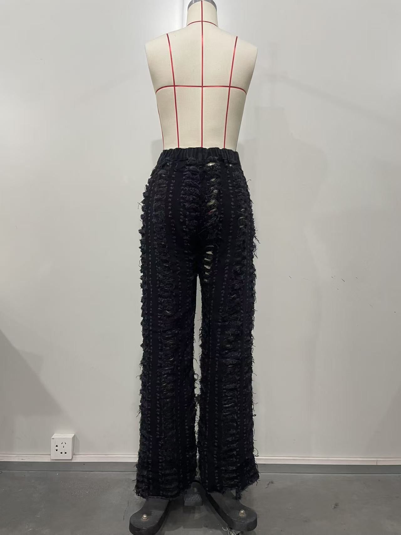 Spring Summer Women's Ripped Tassel Solid Color Wide Leg Pants 8