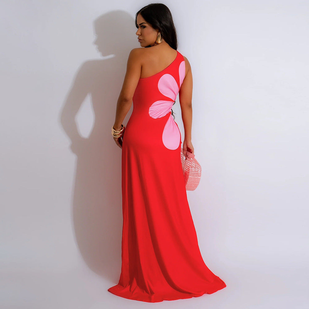 Women Slash Shoulder Hollow Printed Slim Sexy Long Dress 3