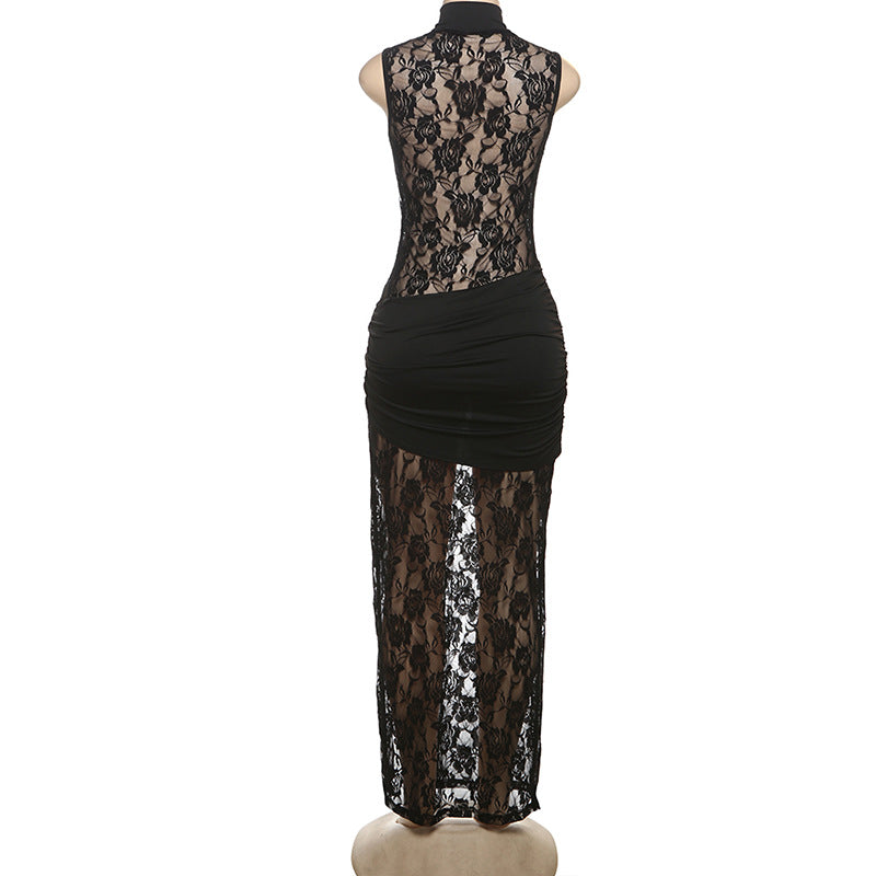 Women spring sexy hollow lace Patchwork Pleated slit Bodycon Dress 6