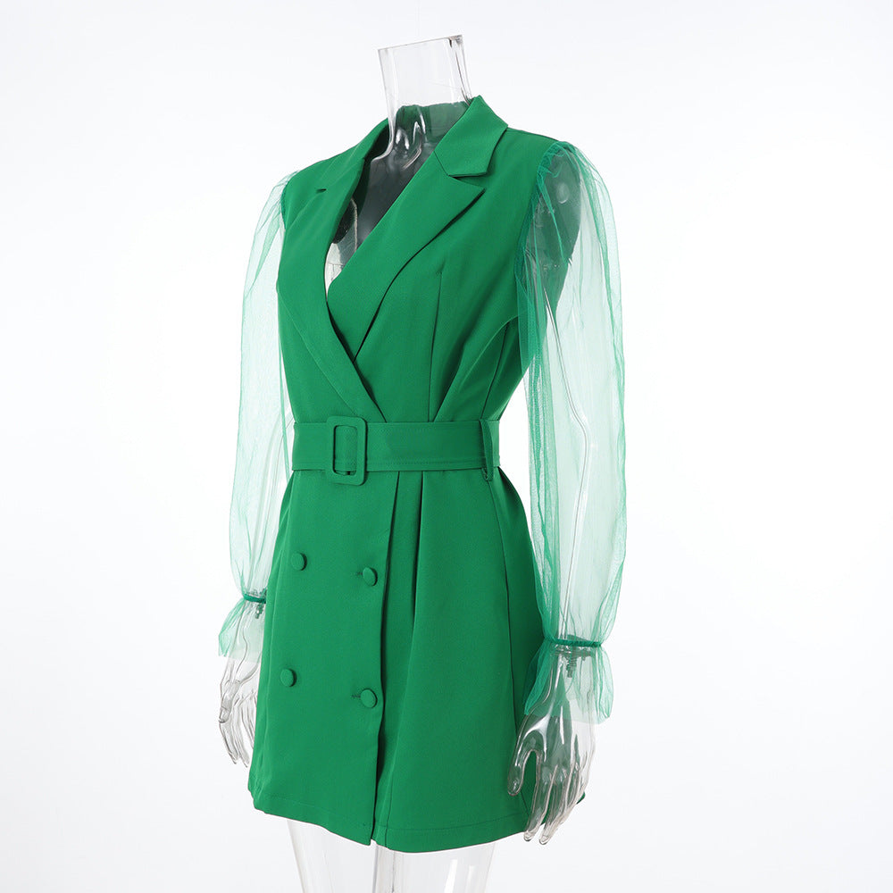 Spring Sexy See-Through Mesh Long Sleeve Double Breasted Slim Waist Chic Women Blazer Dress 17