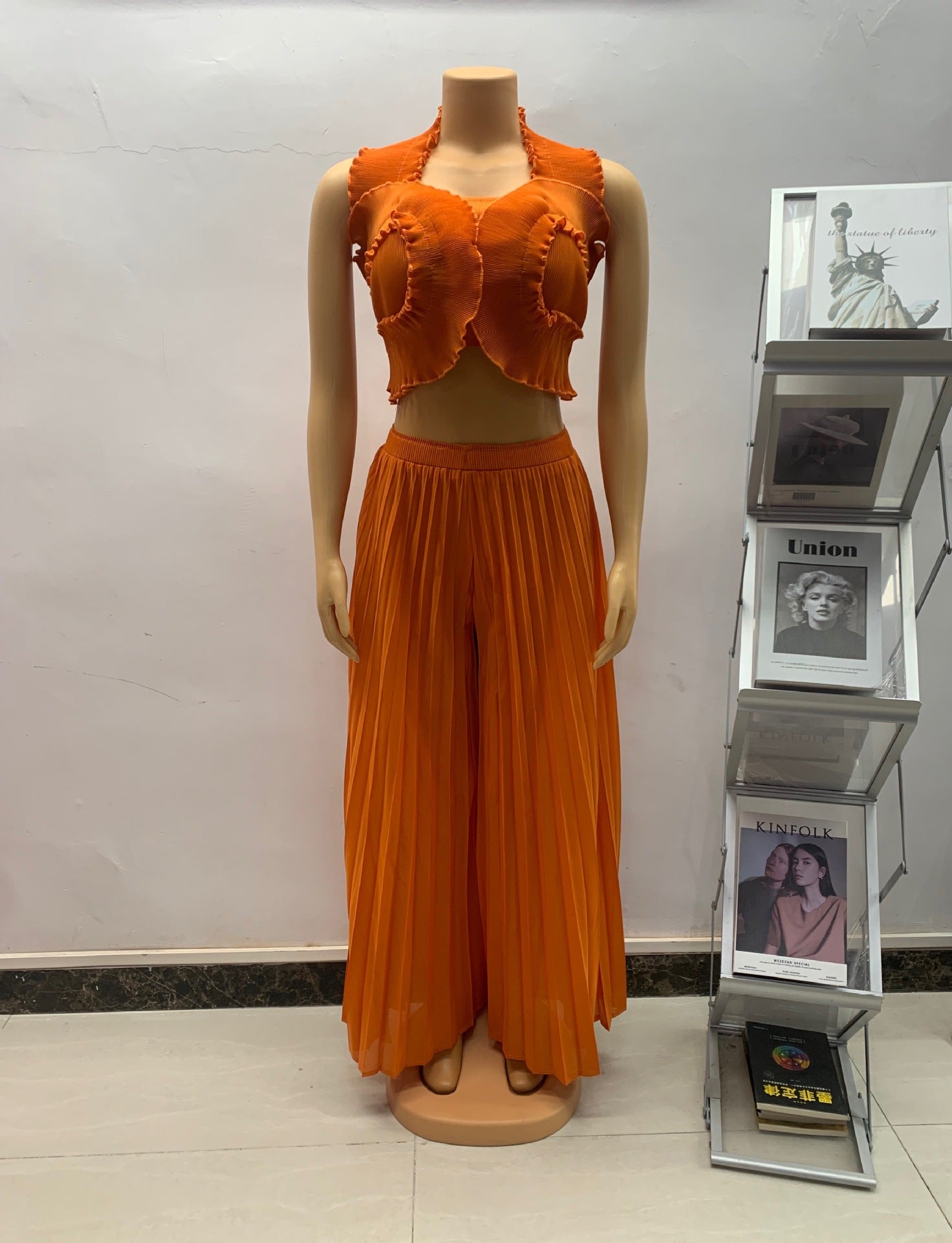 Women African Pleated Top + Wide Leg Pants Two-Piece Set 15