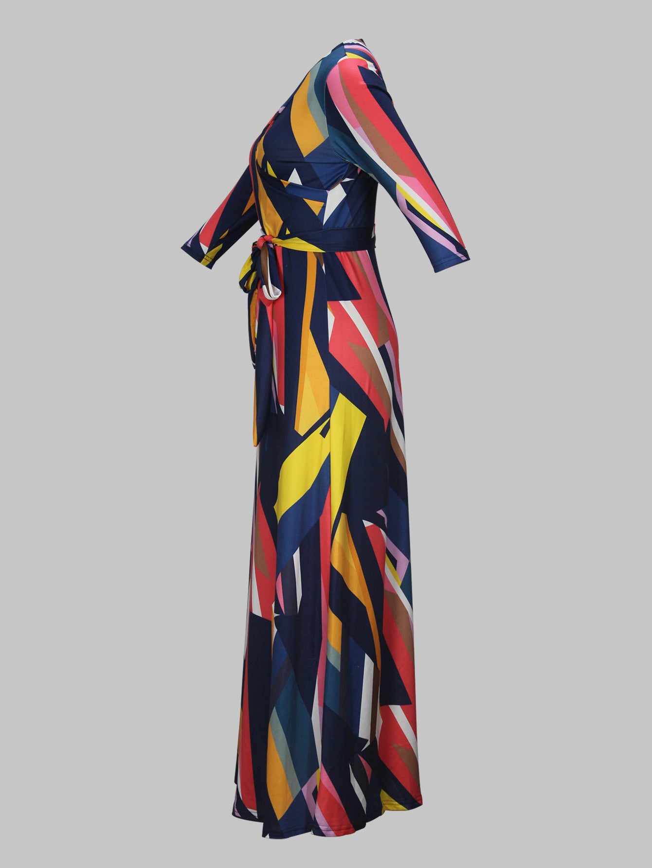 Spring & Autumn Women's Fashion Elegant Wrap V-Neck Half-Sleeve Print Belt Maxi Dress 114