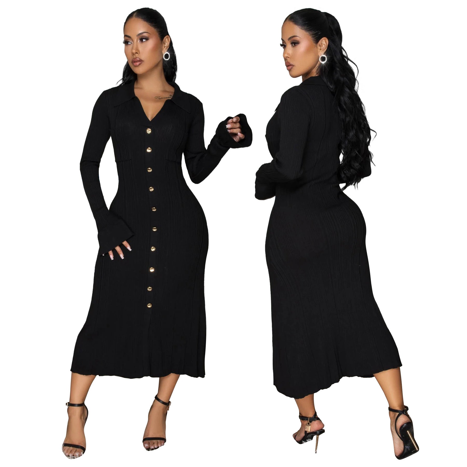 Women's Fashion V-Neck Single Row Buttons Long Sleeve Solid Long Dress 3
