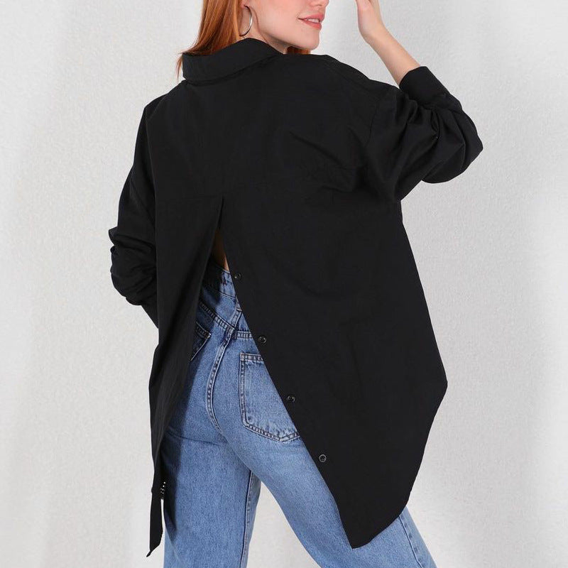 Women Solid Style Long Sleeve Back Slit Loose Shirt 15