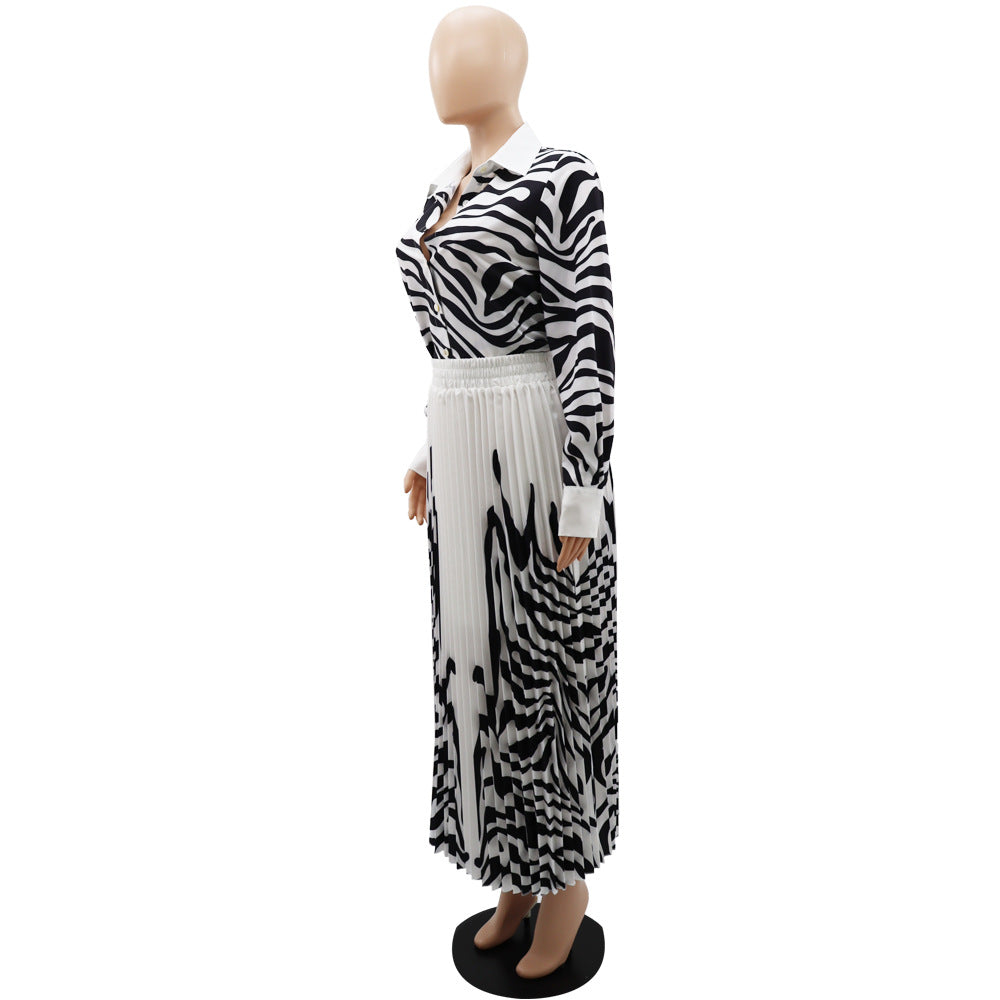Women zebra print long-sleeved shirt and pleated skirt two-piece set 14