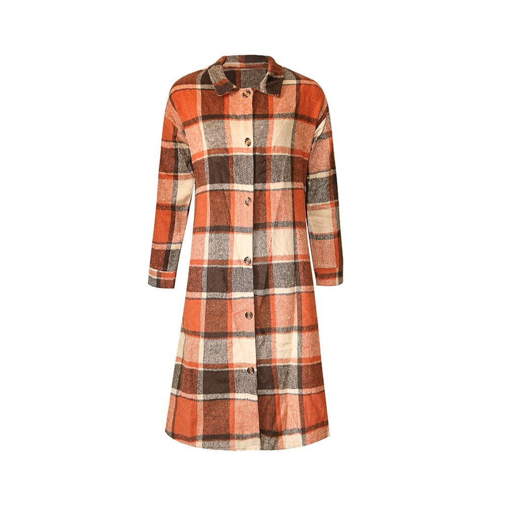 Women Autumn and Winter Loose Plaid Long Shirt Coat 6