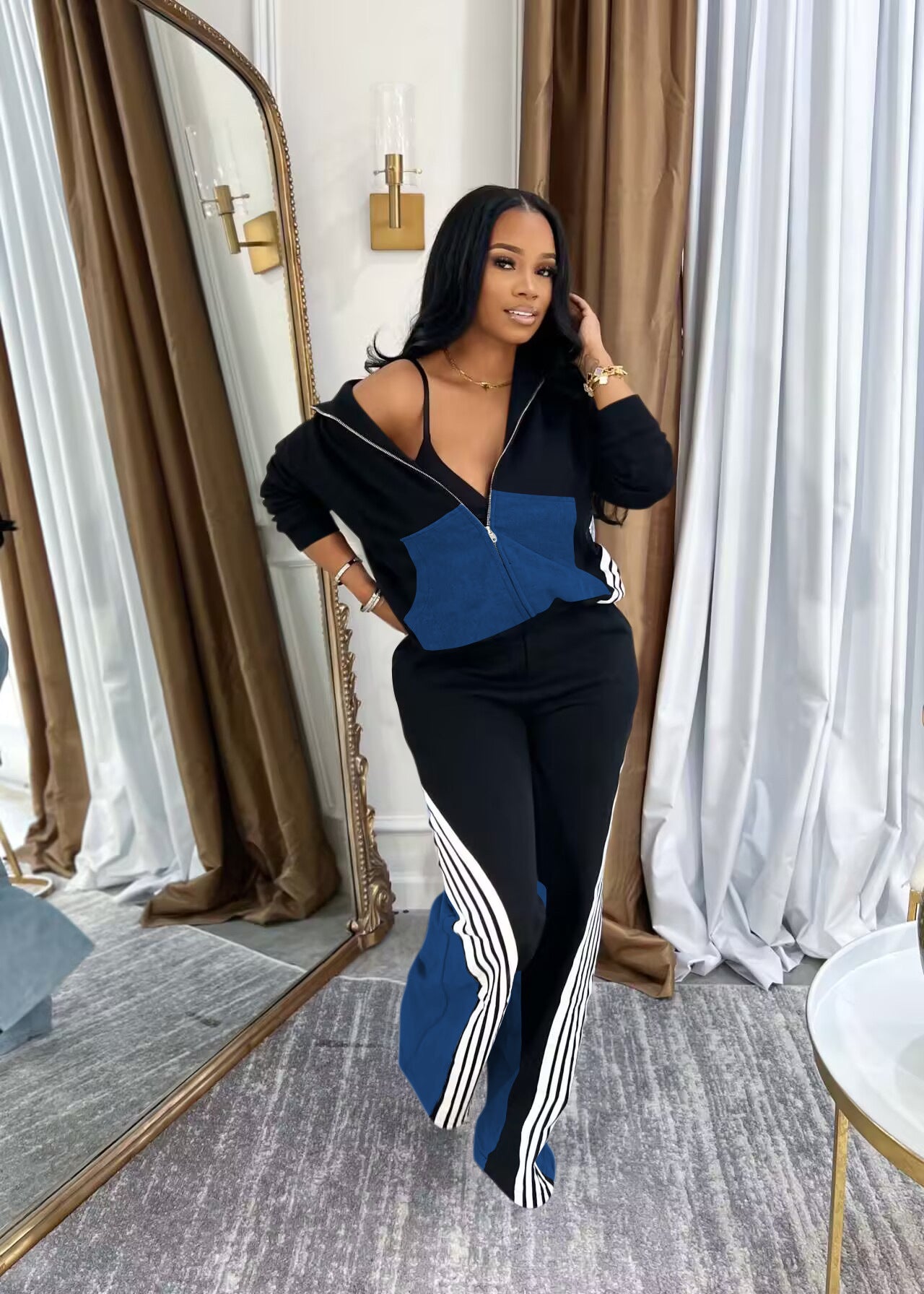 Denim Patchwork Sport Two-Piece Pants Set 5