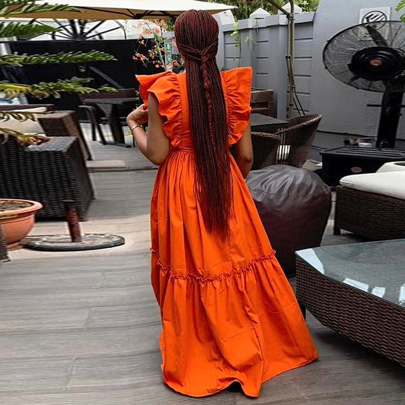 Women Summer Chic Ruffle Short Sleeve Round Neck Maxi Dress 3