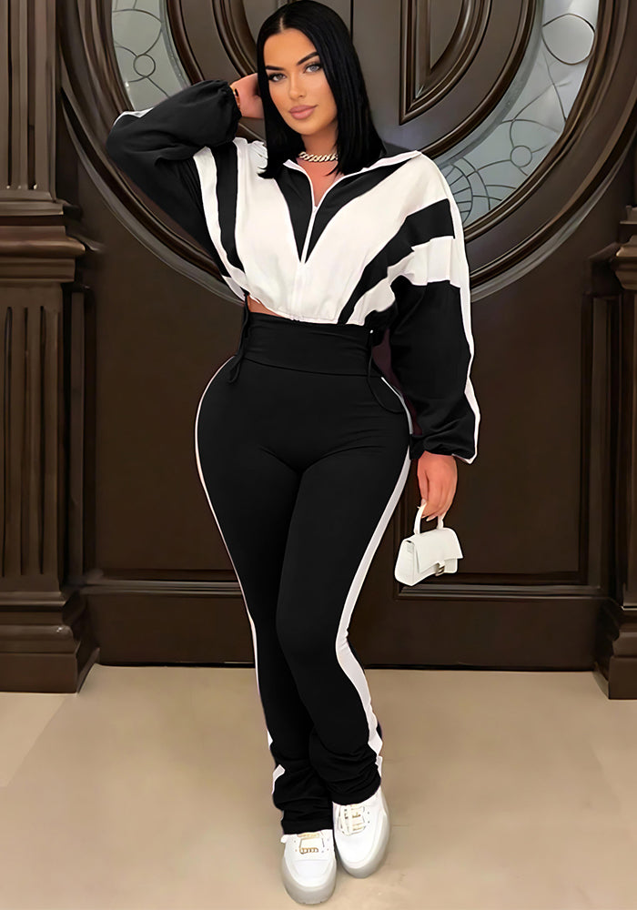 Contrast Color Patchwork High-Waist Sporty Two-Piece Pants Set