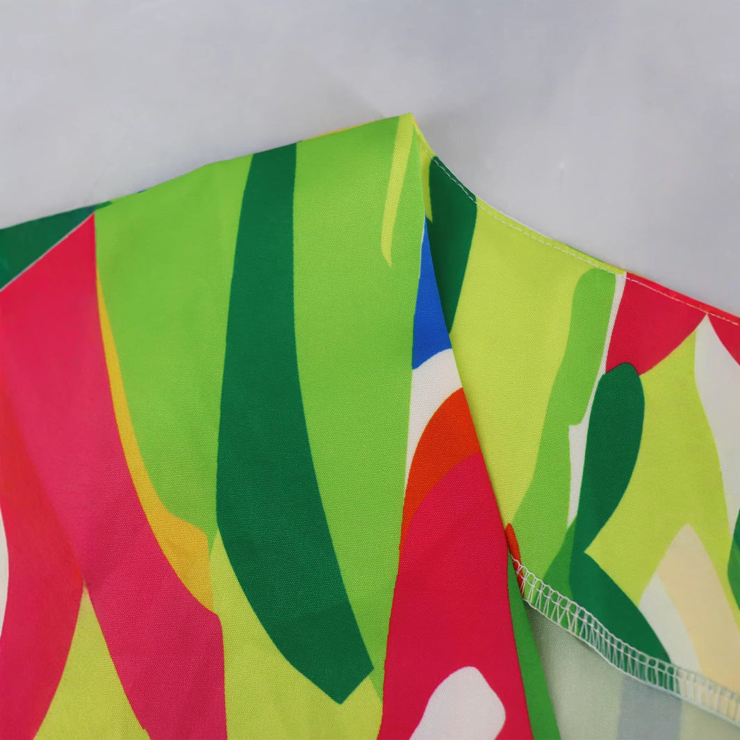 Multi-Color Printed V-Neck Loose Holidays Long Dress 5