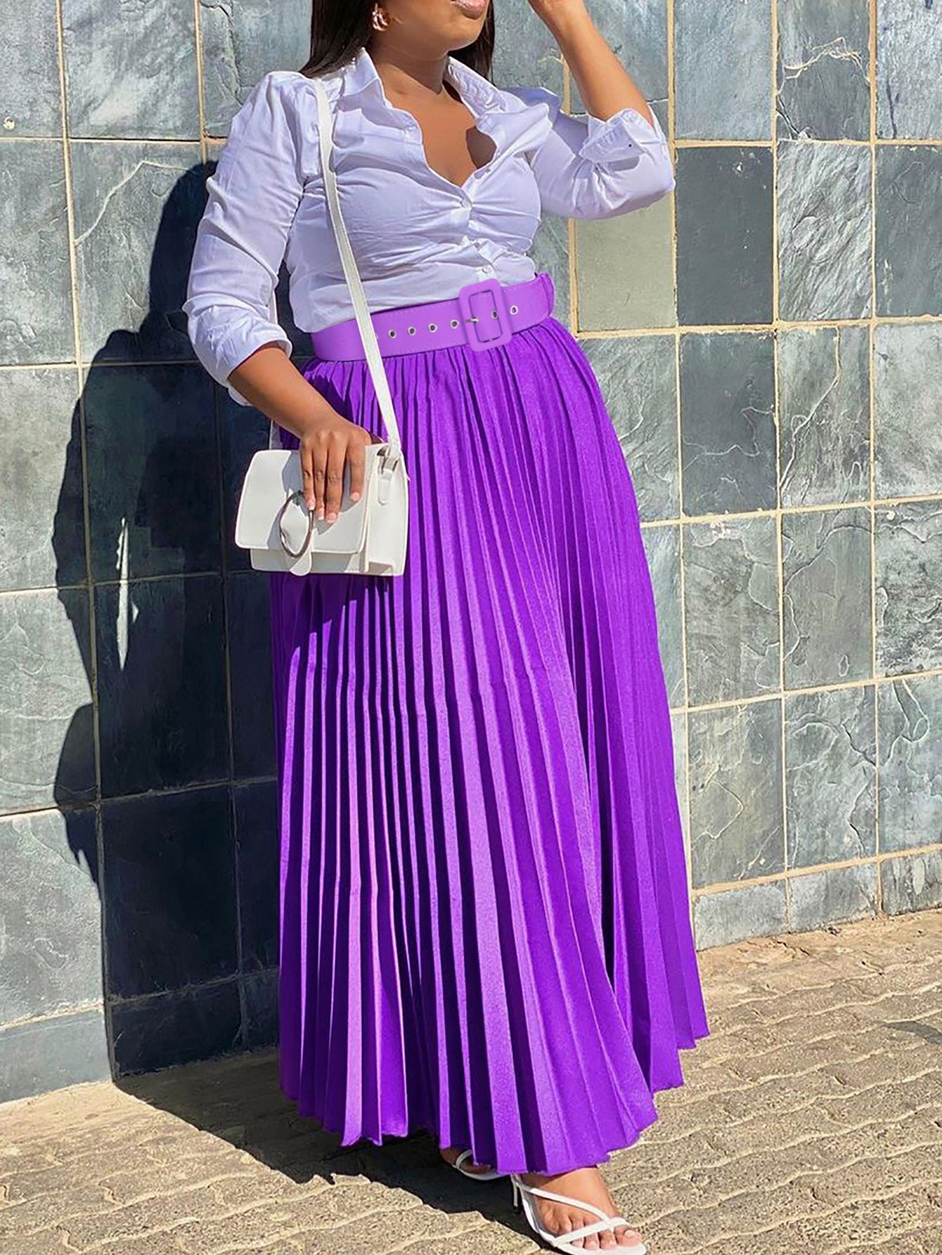 Women's Fashion Elegant Belted Plus Size Long Pleated Skirt