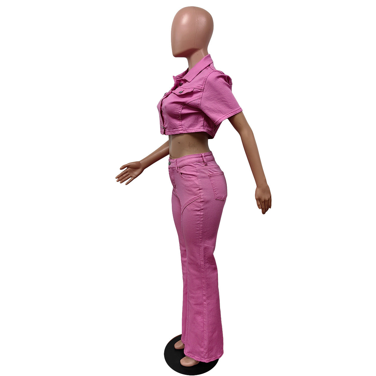 Spring And Summer Denim Short Sleeve Suit Solid Color Jacket Bell Bottom Stretch Pants Two Piece Set 25