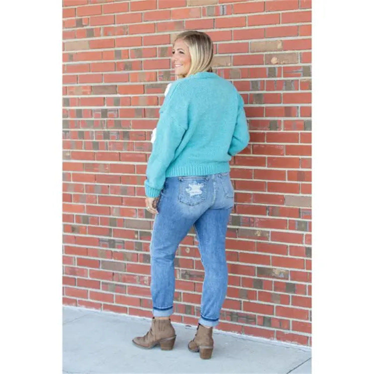 Light Color Tight Pants Women's Pants Street Mid-Waist Skinny Long Ripped Denim Trousers 4