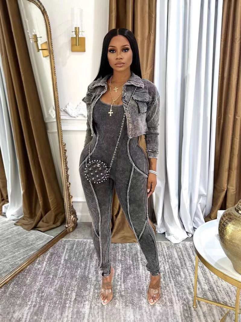 Fashion Women's Solid Color Tight Slim Jumpsuit Coat Casual Two-Piece Set 7