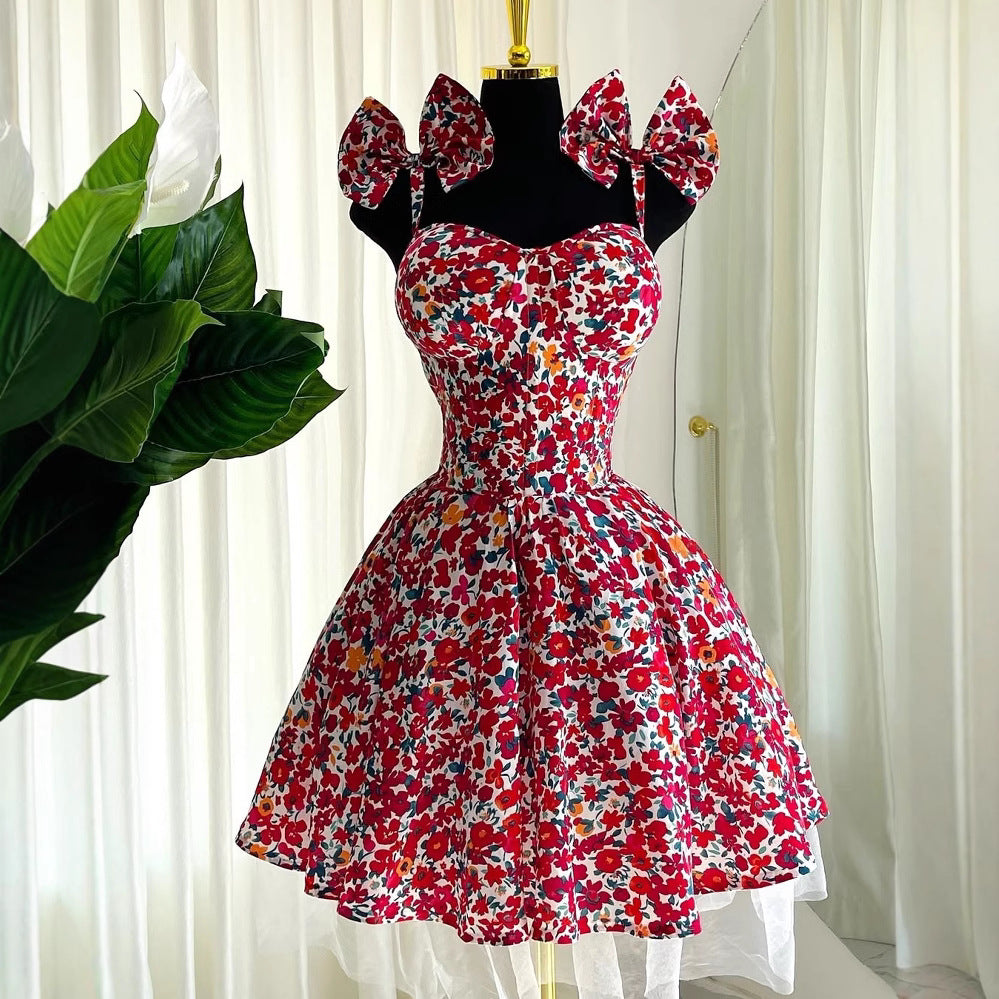 Women spring elegant floral suspender bow dress 4