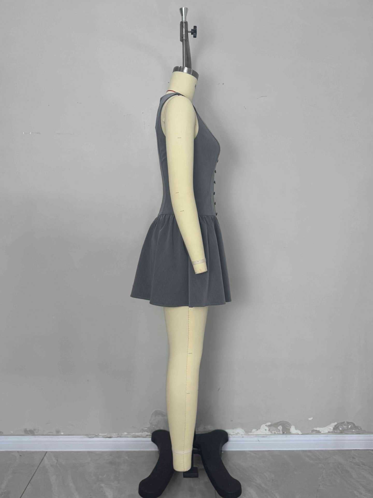 Women summer sleeveless Casual button ruffle elegant mini dress 5