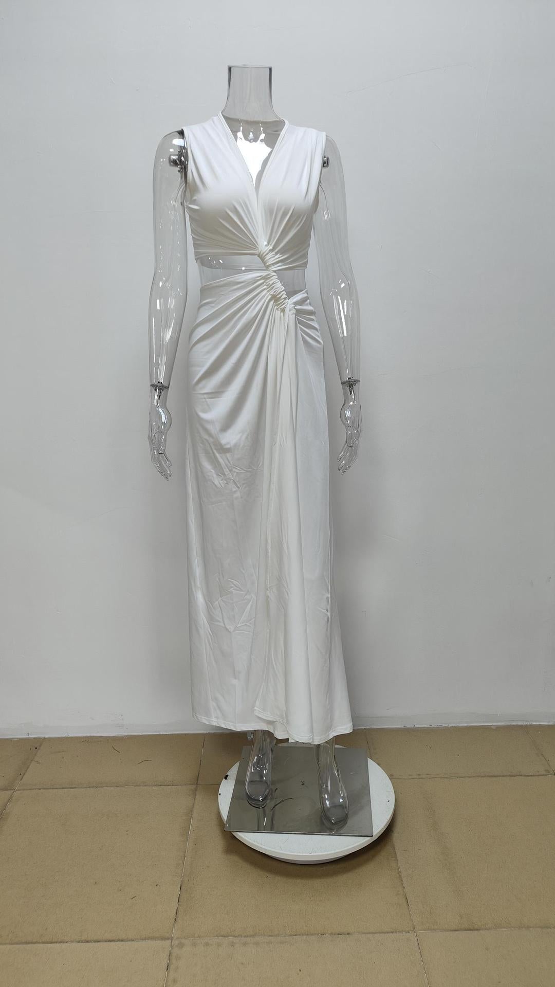 Women's Summer Hollow Knot Slit V-Neck Sleeveless Pleated Irregular Dress 13