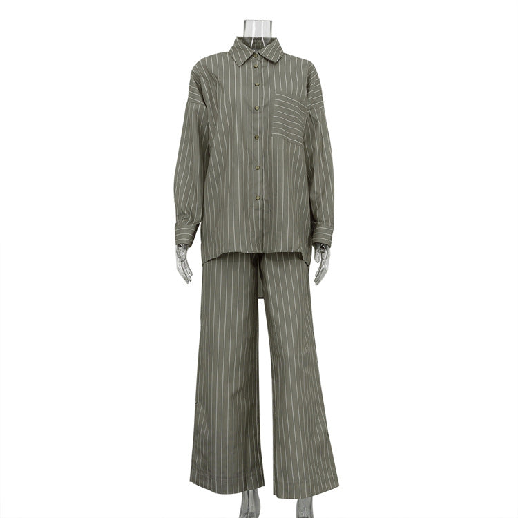 Women's Spring And Autumn Fashion Striped Loose Long Sleeve Shirt Wide Leg Pants Two Piece Set 7