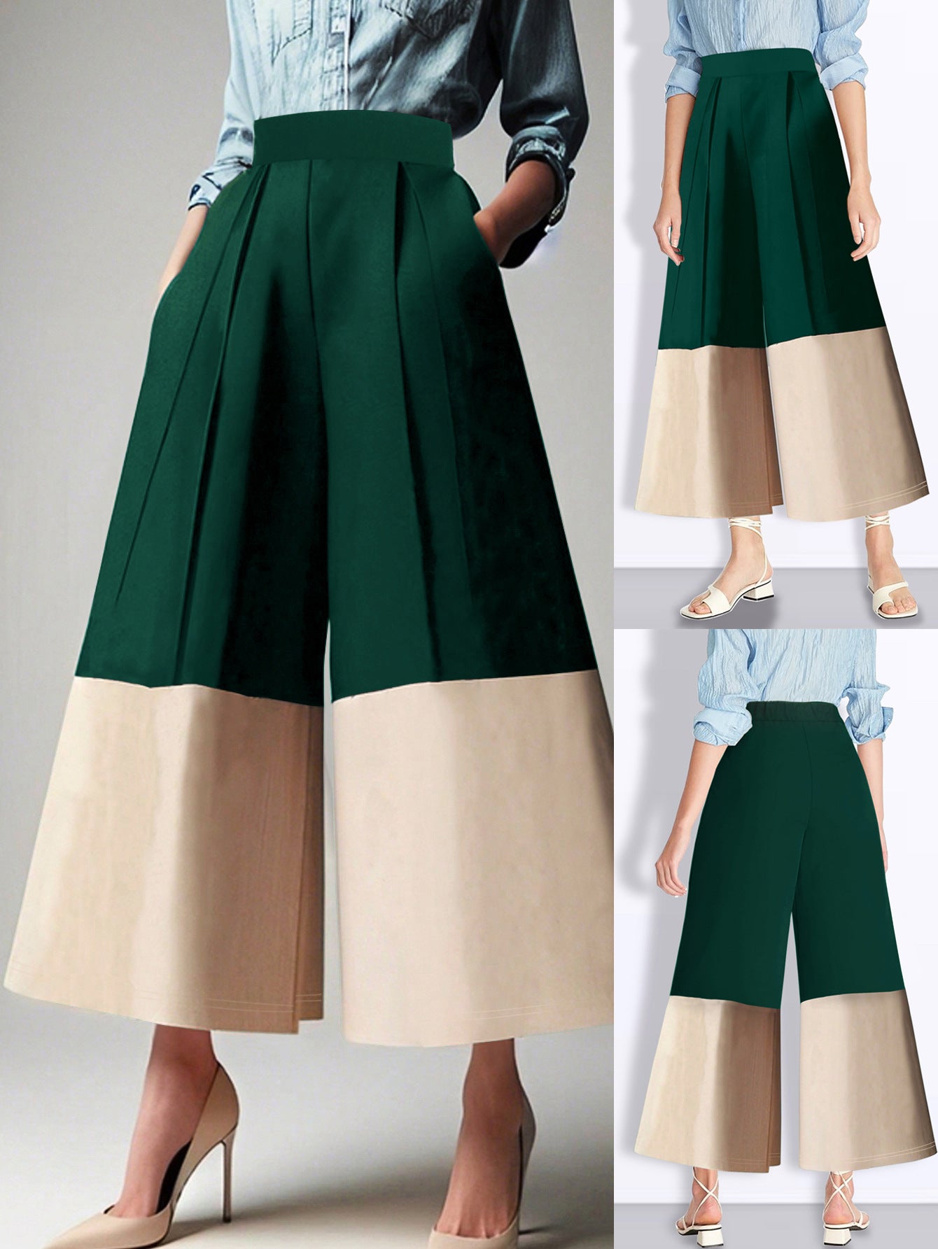 Women Elegant Color Block High Waist Pants 7