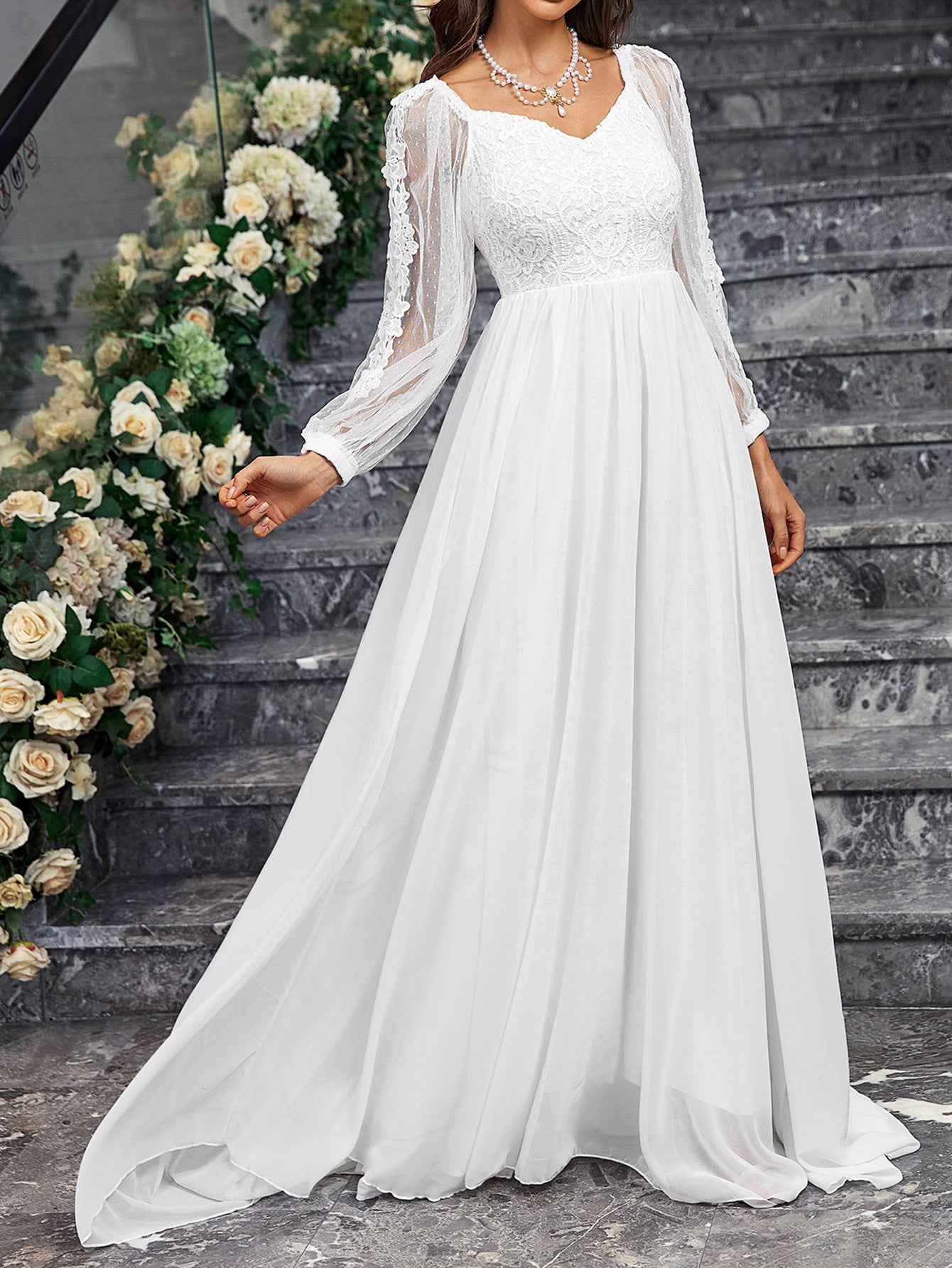 Solid Color Elegant V-Neck Slim Long-Sleeved Wedding Dress Tail Formal Party Gown