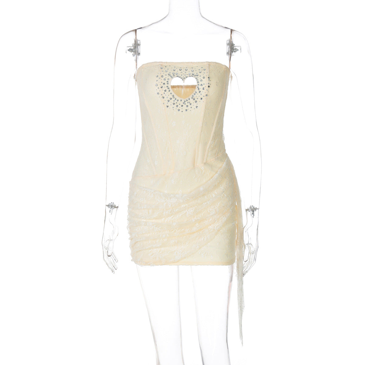 Women Beaded hollow Heart Print sexy Strapless Patchwork Lace Bodycon Dress 10