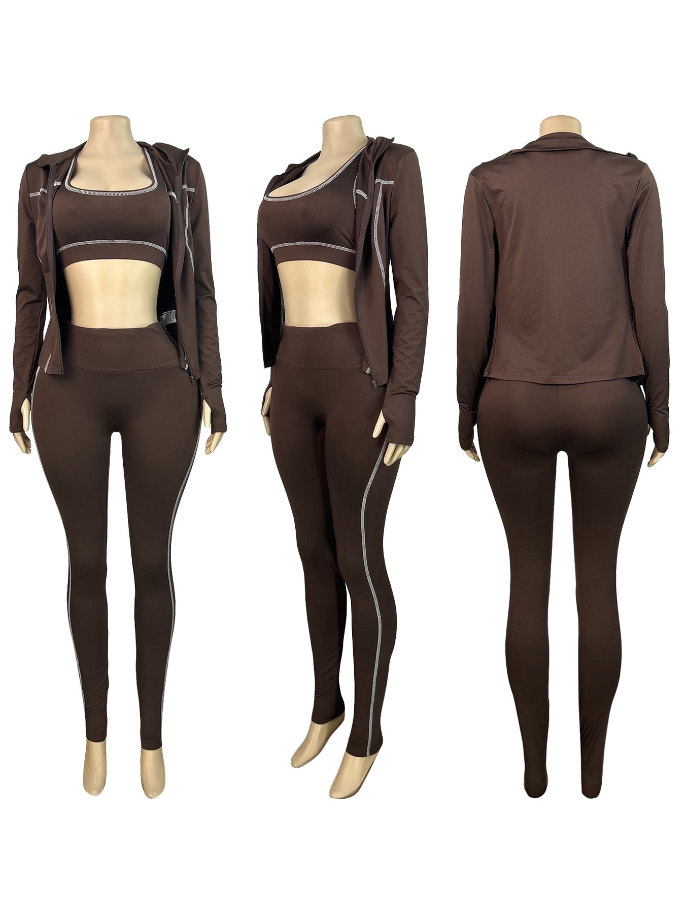 Women Zippered Thumb-Sleeve Long-Sleeved Top and Pants Three-Piece Set 26