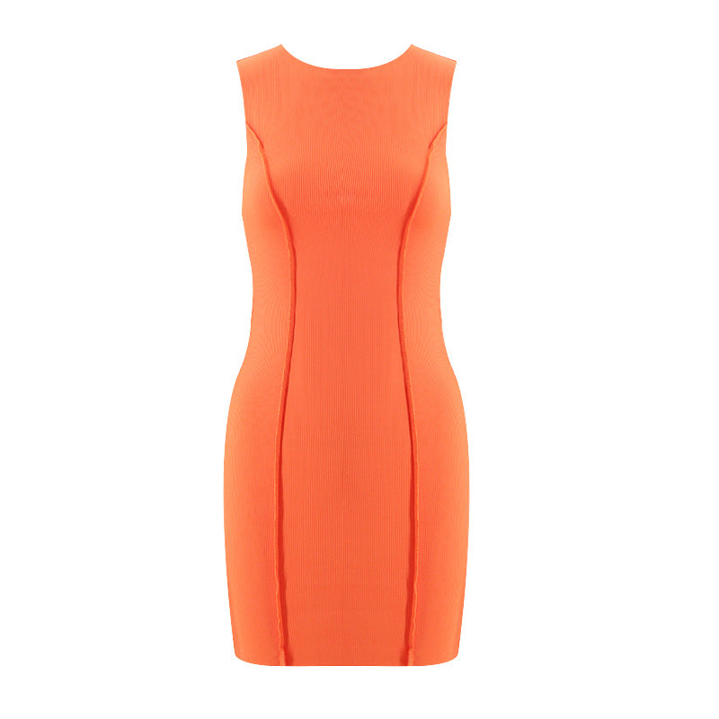Summer Ladies Round Neck Sleeveless Solid Color Fashion Slim Bodycon Dress 10
