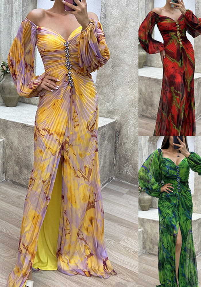 Women party pleated long sleeve dress