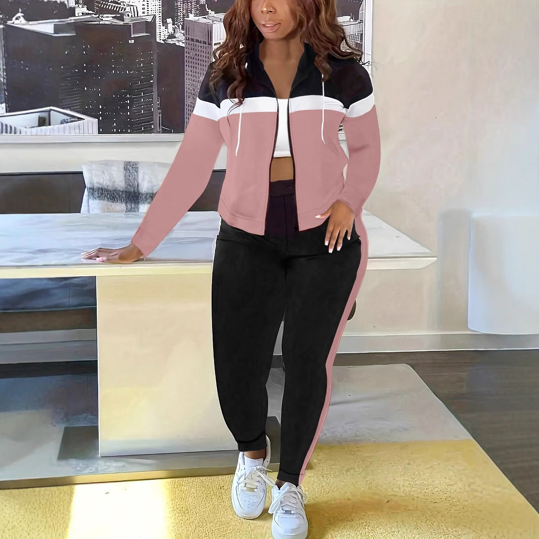 Fashion Women Patchwork Casual Sports Hooded Jacket Pants Set 3